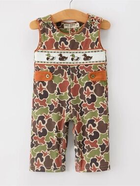 Smocked Duck Camouflage Overalls - Orange/Green/Brown